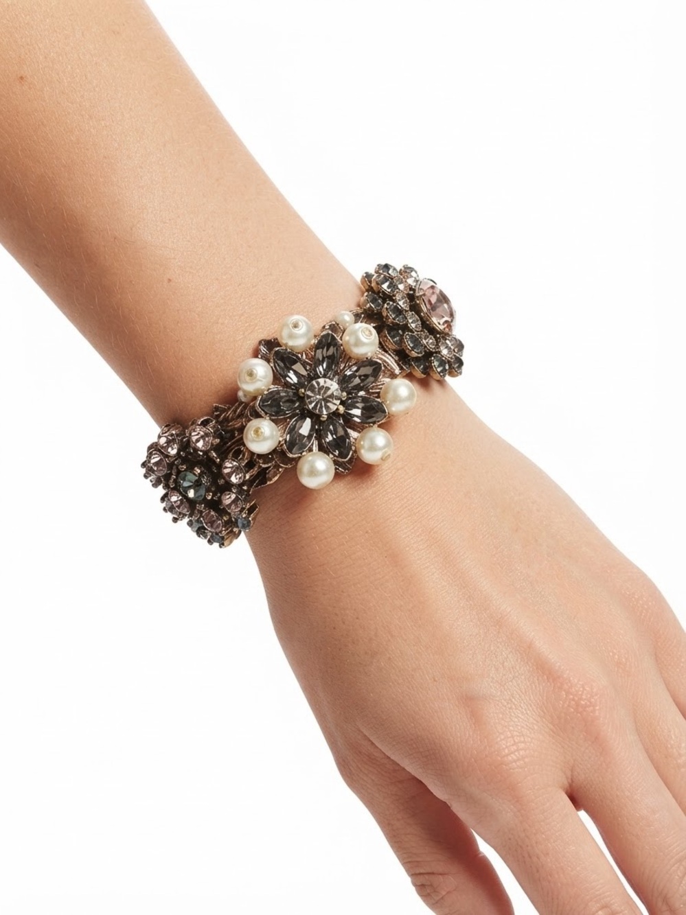 Aldo Pearl & Smoky Crystal Floral Stretch Bracelet